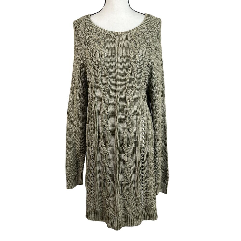 Ruff Hewn Women's Sweater Dress 2X‎ Green Cable Knit Long Sleeve Cotton Pullover